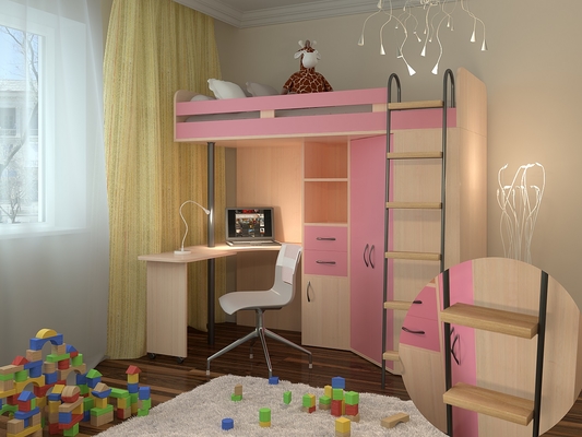 Детская кровать  Кровать чердак М-85 Дуб молочный/Розовый