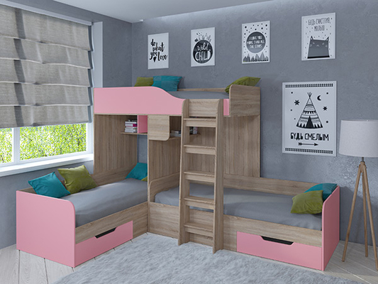 Кровать двухъярусная  Кровать двухъярусная Трио Сонома/Розовый