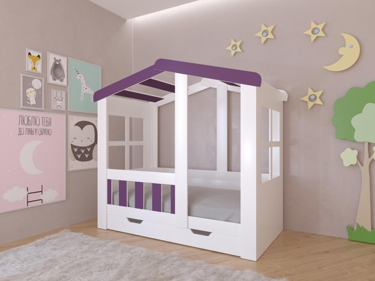Детская кровать  Кровать Астра Домик Белый/Фиолетовый с ящиком